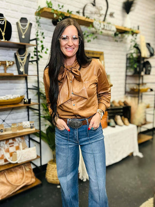Leather Outlaw Bow Tie Blouse-Long Sleeves-2 Fly-Motis & Co Boutique, Women's Fashion Boutique in Carthage, Missouri