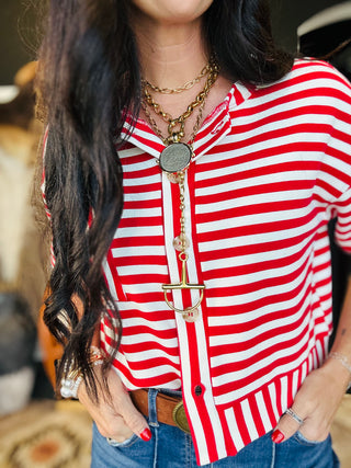 Kendra Red Striped Button Front Top-Short Sleeves-blu pepper-Motis & Co Boutique, Women's Fashion Boutique in Carthage, Missouri