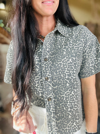 Donna Boxy Leopard Denim Top-Short Sleeves-Pretty Bash-Motis & Co Boutique, Women's Fashion Boutique in Carthage, Missouri