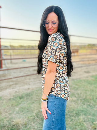 Golden Mesa Aztec Print Top-Short Sleeves-sterling kreek-Motis & Co Boutique, Women's Fashion Boutique in Carthage, Missouri