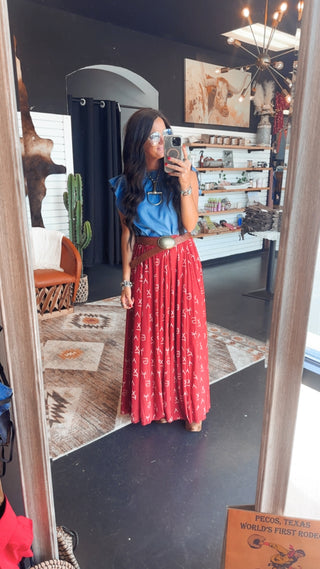 Red Dirt Branded Maxi Skirt-Dresses-sterling kreek-Motis & Co Boutique, Women's Fashion Boutique in Carthage, Missouri