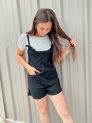 Rhonda Tie Shoulder Black Short Romper-Jumpsuits & Rompers-Very J-Motis & Co Boutique, Women's Fashion Boutique in Carthage, Missouri