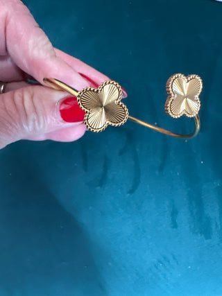 Gold Water Resistant Clover Cuff Bracelet | The Clover-Bracelets-Accessories Galore-Motis & Co Boutique, Women's Fashion Boutique in Carthage, Missouri