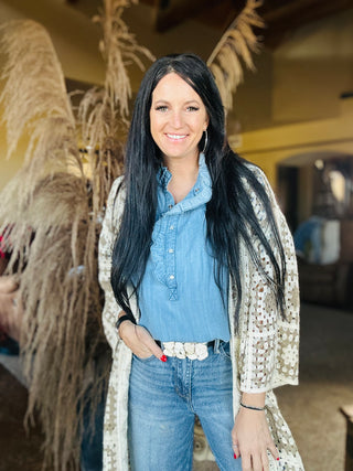 Dove Chambray Denim Ruffle Top-Short Sleeves-EASEL-Motis & Co Boutique, Women's Fashion Boutique in Carthage, Missouri