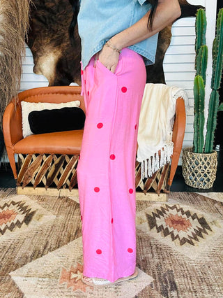 Pauly Pink Polka Dot Wide Leg Pants-Pants-Entro-Motis & Co Boutique, Women's Fashion Boutique in Carthage, Missouri