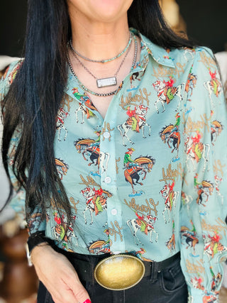 Carina Cowboy Howdy Sheer Blouse-Long Sleeves-Turquoise Haven-Motis & Co Boutique, Women's Fashion Boutique in Carthage, Missouri
