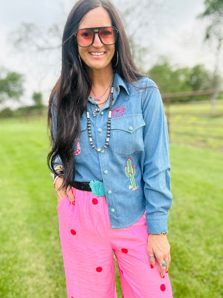 Patsy Western Denim Button Down Blouse-Long Sleeves-Taelynn-Motis & Co Boutique, Women's Fashion Boutique in Carthage, Missouri