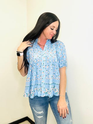 Annabel Blue Floral Button Up Blouse-Short Sleeves-GiGiO-Motis & Co Boutique, Women's Fashion Boutique in Carthage, Missouri