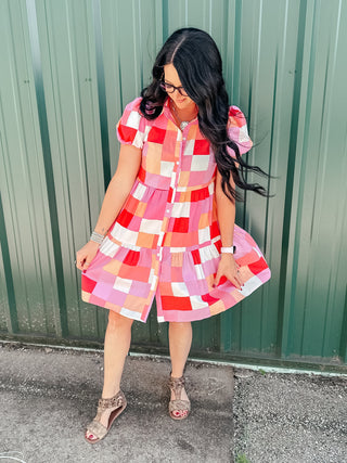 Penelope Checkered Puff Sleeve Tiered Dress-Dresses-Motis & CO-Motis & Co Boutique, Women's Fashion Boutique in Carthage, Missouri