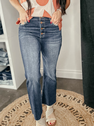 Liam Dark Wash Button Fly Crop Flare-Jeans-Risen-Motis & Co Boutique, Women's Fashion Boutique in Carthage, Missouri