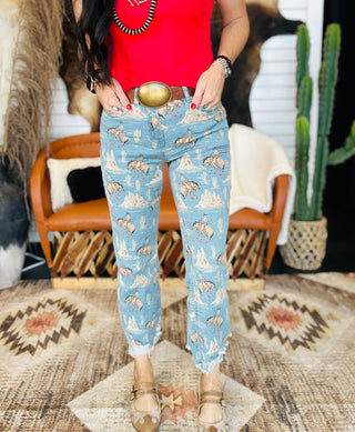 Cowboy Canyon Western Print Jeans-Jeans-sterling kreek-Motis & Co Boutique, Women's Fashion Boutique in Carthage, Missouri