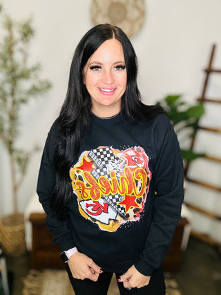 Chiefs Checkered Lightning Bolt Black Sweatshirt-Pullovers-Motis & CO-Motis & Co Boutique, Women's Fashion Boutique in Carthage, Missouri