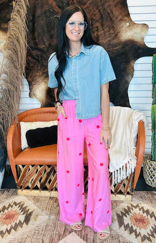 Pauly Pink Polka Dot Wide Leg Pants-Pants-Entro-Motis & Co Boutique, Women's Fashion Boutique in Carthage, Missouri