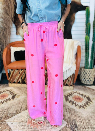 Pauly Pink Polka Dot Wide Leg Pants-Pants-Entro-Motis & Co Boutique, Women's Fashion Boutique in Carthage, Missouri