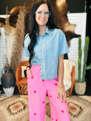 Pauly Pink Polka Dot Wide Leg Pants-Pants-Entro-Motis & Co Boutique, Women's Fashion Boutique in Carthage, Missouri
