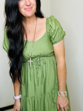 Ameila Smocked Tiered Midi Dress Olive-Dresses-blu pepper-Motis & Co Boutique, Women's Fashion Boutique in Carthage, Missouri