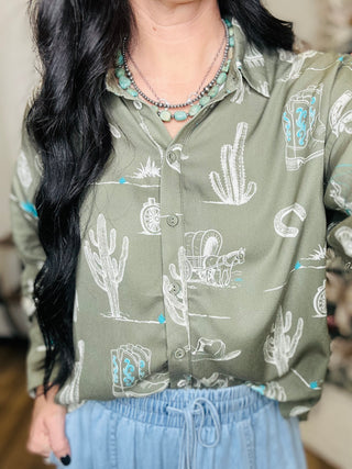 Tae Western Print Button Down - Olive-Long Sleeves-Taelynn-Motis & Co Boutique, Women's Fashion Boutique in Carthage, Missouri