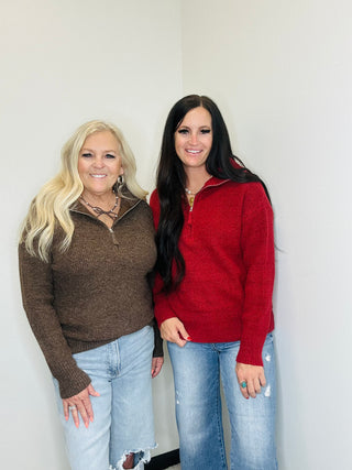 Half Zip High Collar Sweater in Red - Ember-Sweaters-Zenana-Motis & Co Boutique, Women's Fashion Boutique in Carthage, Missouri