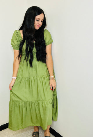 Ameila Smocked Tiered Midi Dress Olive-Dresses-blu pepper-Motis & Co Boutique, Women's Fashion Boutique in Carthage, Missouri