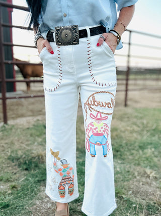 Howdy White Cowboy Jeans-Pants-ee: some-Motis & Co Boutique, Women's Fashion Boutique in Carthage, Missouri