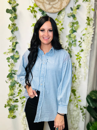 Dani Denim Button Down Top-Long Sleeves-Motis & CO-Motis & Co Boutique, Women's Fashion Boutique in Carthage, Missouri