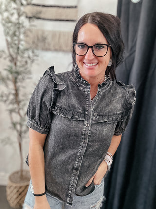 Black Denim Button Up Top-Short Sleeves-Jodifl-Motis & Co Boutique, Women's Fashion Boutique in Carthage, Missouri