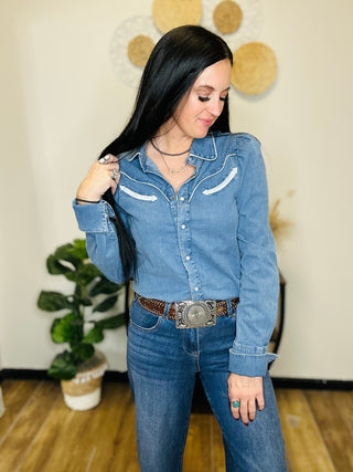 Diamond Denim Western Button Down Blouse-Long Sleeves-Howdy Hanny-Motis & Co Boutique, Women's Fashion Boutique in Carthage, Missouri