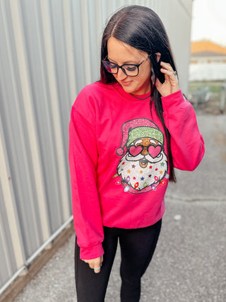 Heart Glasses Santa Sweatshirt Pink-Graphic Sweaters-rc-Motis & Co Boutique, Women's Fashion Boutique in Carthage, Missouri