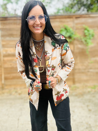 Wagon Wheel Western Print Blazer-Blazers-Howdy Hanny-Motis & Co Boutique, Women's Fashion Boutique in Carthage, Missouri