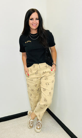 Mathew Western Print Khaki Barrel Jean-Pants-EASEL-Motis & Co Boutique, Women's Fashion Boutique in Carthage, Missouri