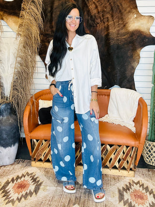 Quentin Polka Dot Denim Barrel Jeans-Jeans-BiBi-Motis & Co Boutique, Women's Fashion Boutique in Carthage, Missouri