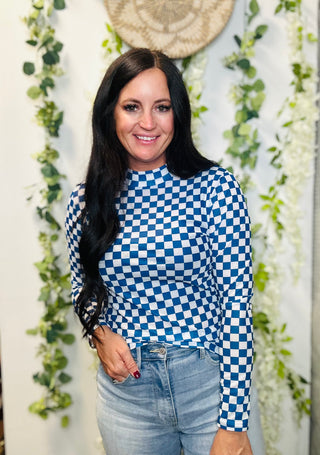 Darla Checkered Royal Mesh Top-Long Sleeves-sterling kreek-Motis & Co Boutique, Women's Fashion Boutique in Carthage, Missouri