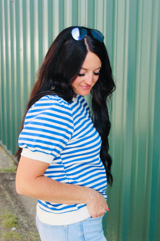 Shelby Blue Striped Short Puffed Sleeve Top-Short Sleeves-Jodifl-Motis & Co Boutique, Women's Fashion Boutique in Carthage, Missouri