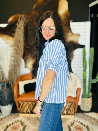 Tessa Striped Puff Sleeve Blouse-Short Sleeves-Entro-Motis & Co Boutique, Women's Fashion Boutique in Carthage, Missouri