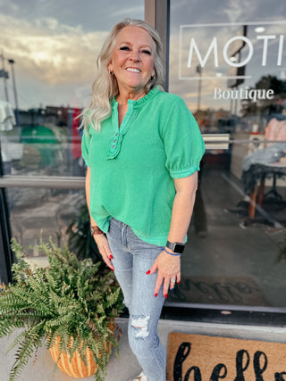 Gia Green V Neck Washed Waffle Top-Short Sleeves-Jodifl-Motis & Co Boutique, Women's Fashion Boutique in Carthage, Missouri