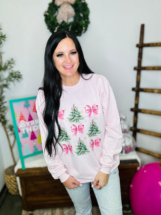 Christmas Tree and Bow Pink Graphic Sweatshirt-Pullovers-Motis & CO-Motis & Co Boutique, Women's Fashion Boutique in Carthage, Missouri