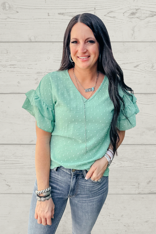 Sallie Mint Dot Ruffle Sleeve Top-Short Sleeves-HEIMISH-Motis & Co Boutique, Women's Fashion Boutique in Carthage, Missouri