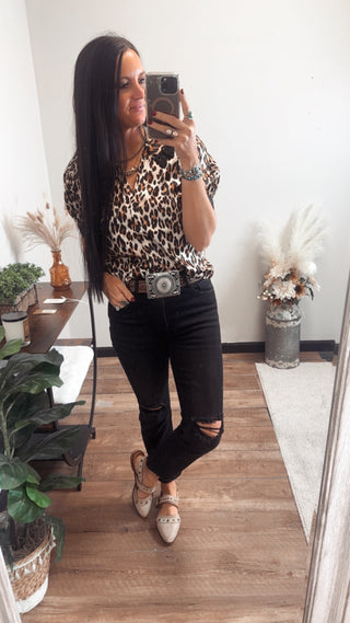 Gretchen Lace Sleeve Leopard Blouse-Short Sleeves-Merigold Kiss-Motis & Co Boutique, Women's Fashion Boutique in Carthage, Missouri