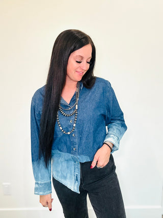 Meg Dark Bleach Denim Shirt-Blouses-MOTIS-Motis & Co Boutique, Women's Fashion Boutique in Carthage, Missouri