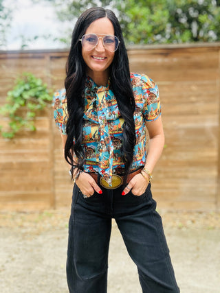 June Cowboy Art Tie Neck Blouse-Short Sleeves-Howdy Hanny-Motis & Co Boutique, Women's Fashion Boutique in Carthage, Missouri