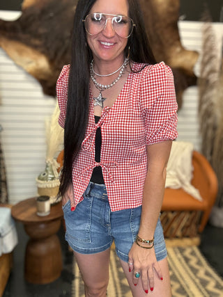 Ann Red Gingham Bow Tie Puff Vest Top-Short Sleeves-HYFVE-Motis & Co Boutique, Women's Fashion Boutique in Carthage, Missouri