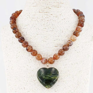 Aspen Brown Beaded Green Stone Heart Necklace-Necklace-What's Hot-Motis & Co Boutique, Women's Fashion Boutique in Carthage, Missouri