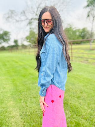 Patsy Western Denim Button Down Blouse-Long Sleeves-Taelynn-Motis & Co Boutique, Women's Fashion Boutique in Carthage, Missouri