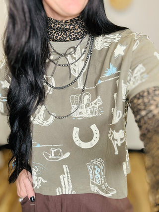 Clancy Western Print Boxy Tee - Olive-Short Sleeves-Taelynn-Motis & Co Boutique, Women's Fashion Boutique in Carthage, Missouri