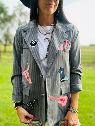 Wynona Grey Pin Stripe Western Patch Blazer-Blazers-Taelynn-Motis & Co Boutique, Women's Fashion Boutique in Carthage, Missouri