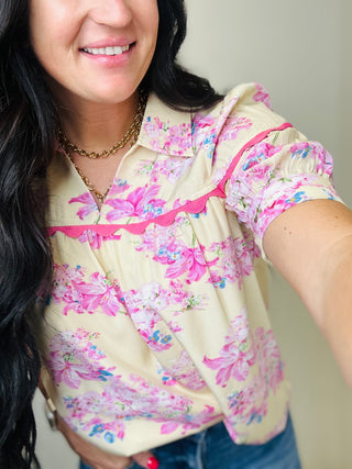 Ada Yellow and Pink Collared Floral Top-Tops-BiBi-Motis & Co Boutique, Women's Fashion Boutique in Carthage, Missouri