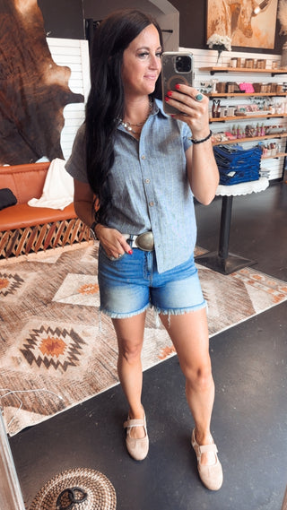 Sophia Navy Pin Stripe Linen Blouse-Short Sleeves-blu pepper-Motis & Co Boutique, Women's Fashion Boutique in Carthage, Missouri