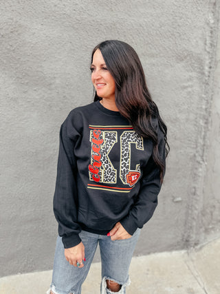 Chiefs Leopard KC Black Sweatshirt-Pullovers-Southern Babe Wholesale-Motis & Co Boutique, Women's Fashion Boutique in Carthage, Missouri