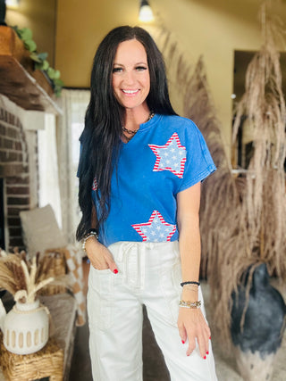 Pam Patriotic Patchwork Star Top-Short Sleeves-Pretty Bash-Motis & Co Boutique, Women's Fashion Boutique in Carthage, Missouri