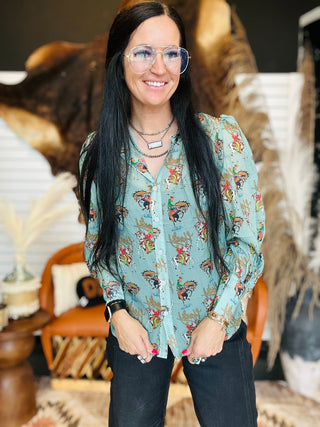 Carina Cowboy Howdy Sheer Blouse-Long Sleeves-Turquoise Haven-Motis & Co Boutique, Women's Fashion Boutique in Carthage, Missouri